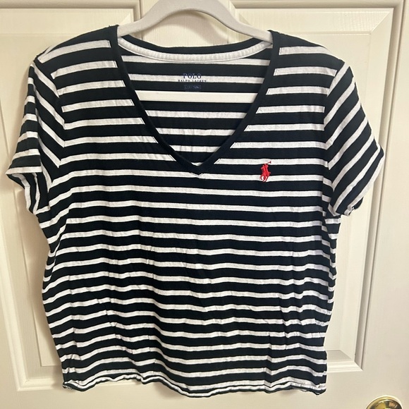 Polo Ralph Lauren V-neck Navy/White Striped Tee Women’s Size Large - Picture 1 of 3